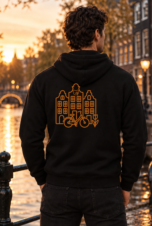 A man viewed from behind wearing a black hoodie with a yellow-orange graphic of Amsterdam canal houses, a bicycle, and tulips, set against a warm sunset canal background.