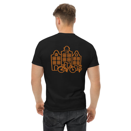 Back of a black T-shirt featuring copper line art of Amsterdam canal houses, a bicycle, a tulip and the Teddy O’Broin emblem.
