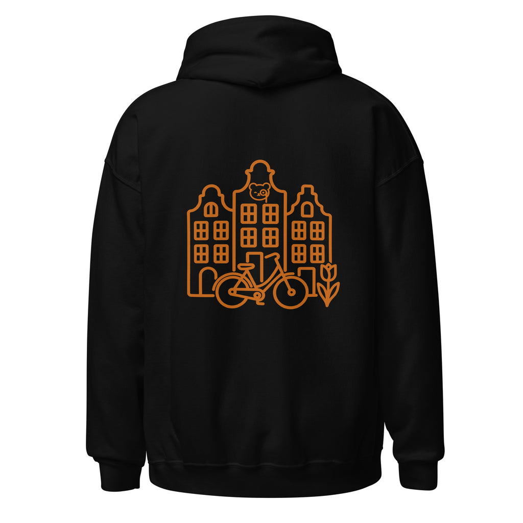 Back of a black pullover hoodie featuring copper line art of Amsterdam canal houses, a bicycle, a tulip and the Teddy O’Broin emblem.