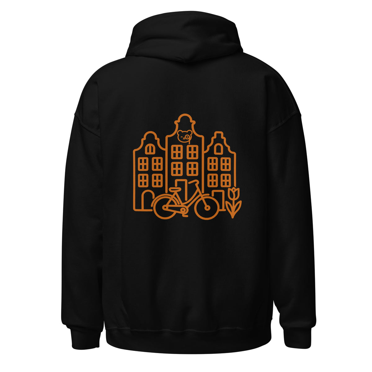 Back of a black pullover hoodie featuring copper line art of Amsterdam canal houses, a bicycle, a tulip and the Teddy O’Broin emblem.