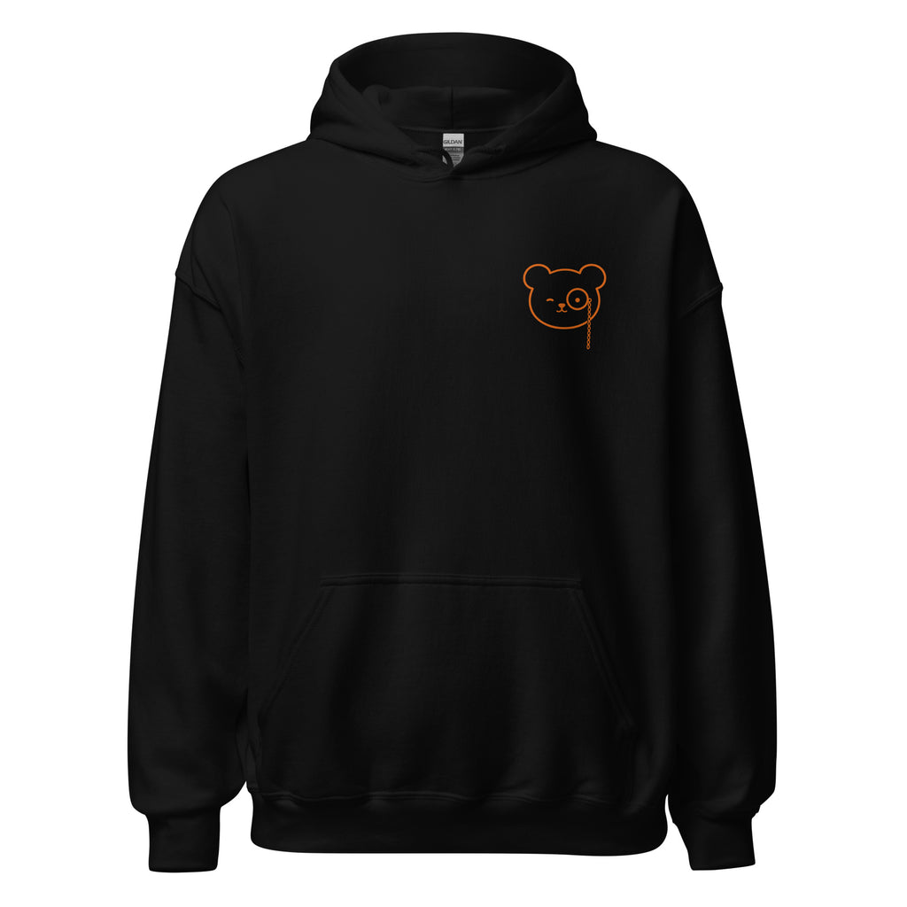 Black pullover hoodie with a small copper Teddy O’Broin bear-face emblem printed on the left chest.