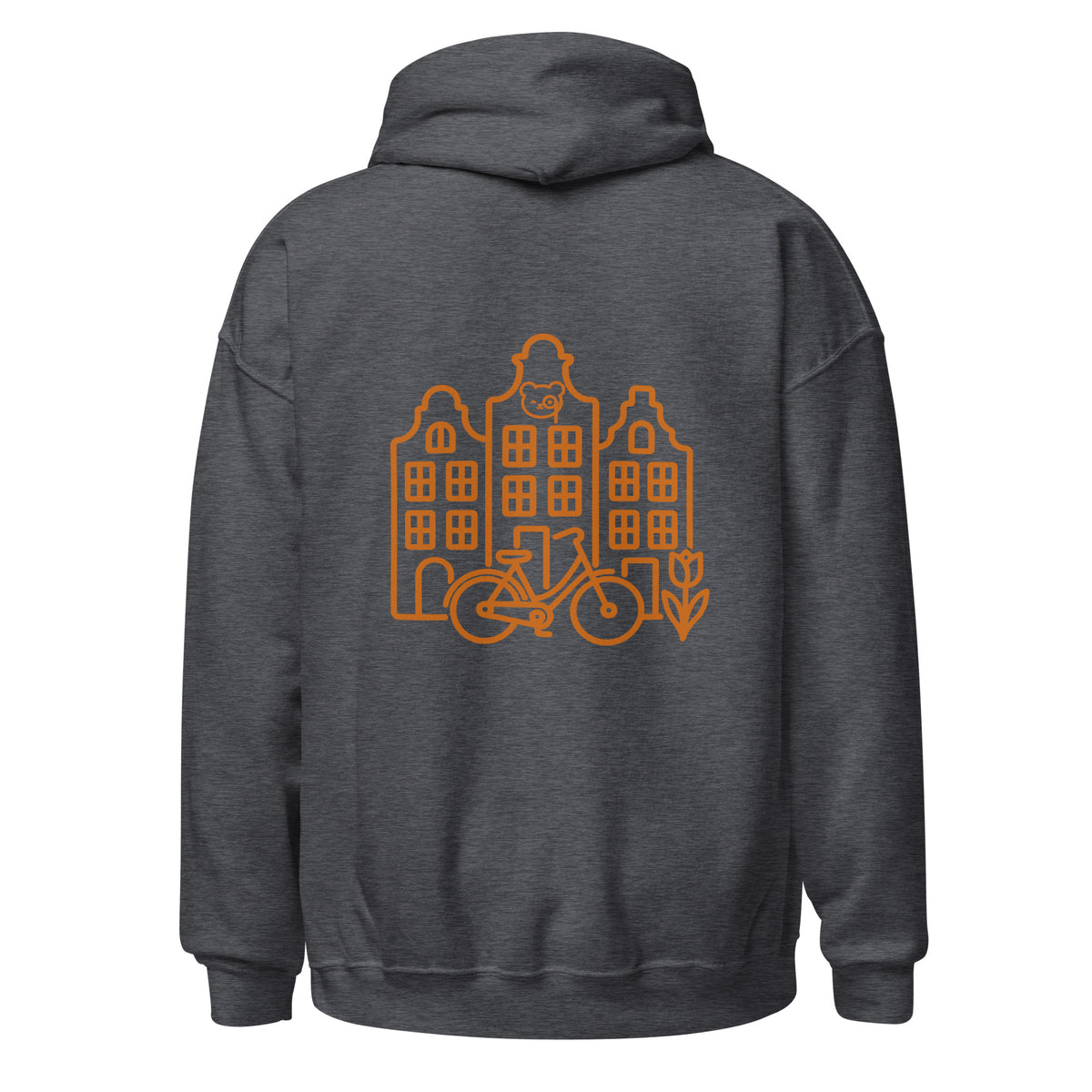 Back of a Grey pullover hoodie featuring copper line art of Amsterdam canal houses, a bicycle, a tulip and the Teddy O’Broin emblem.