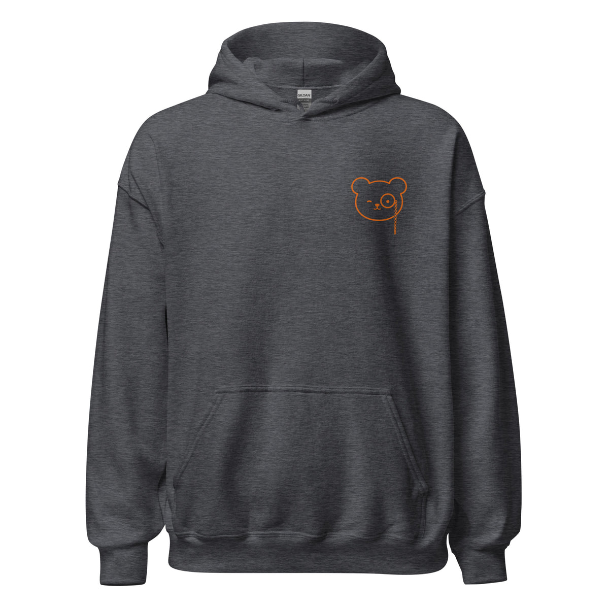 Grey pullover hoodie with a small copper Teddy O’Broin bear-face emblem printed on the left chest.