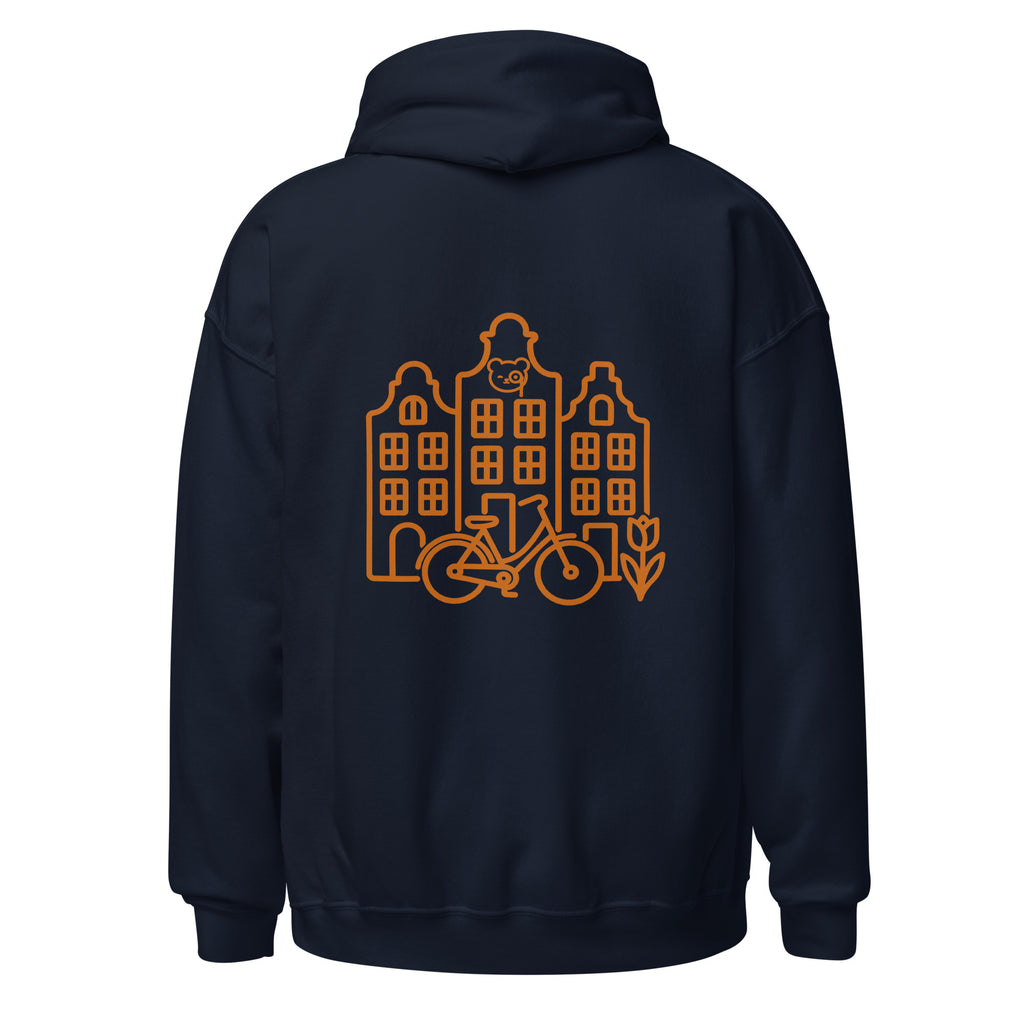Back of a navy pullover hoodie featuring copper line art of Amsterdam canal houses, a bicycle, a tulip and the Teddy O’Broin emblem.