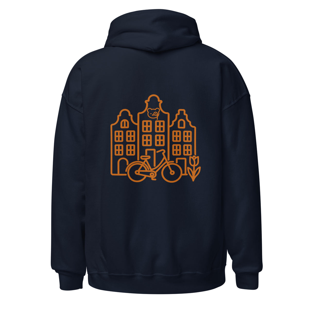 Back of a navy pullover hoodie featuring copper line art of Amsterdam canal houses, a bicycle, a tulip and the Teddy O’Broin emblem.