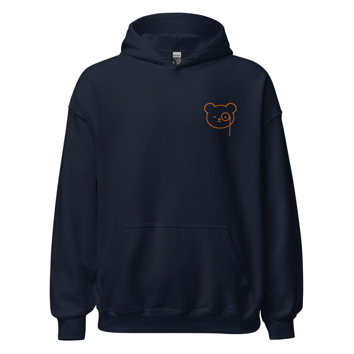 Navy pullover hoodie with a small copper Teddy O’Broin bear-face emblem printed on the left chest.