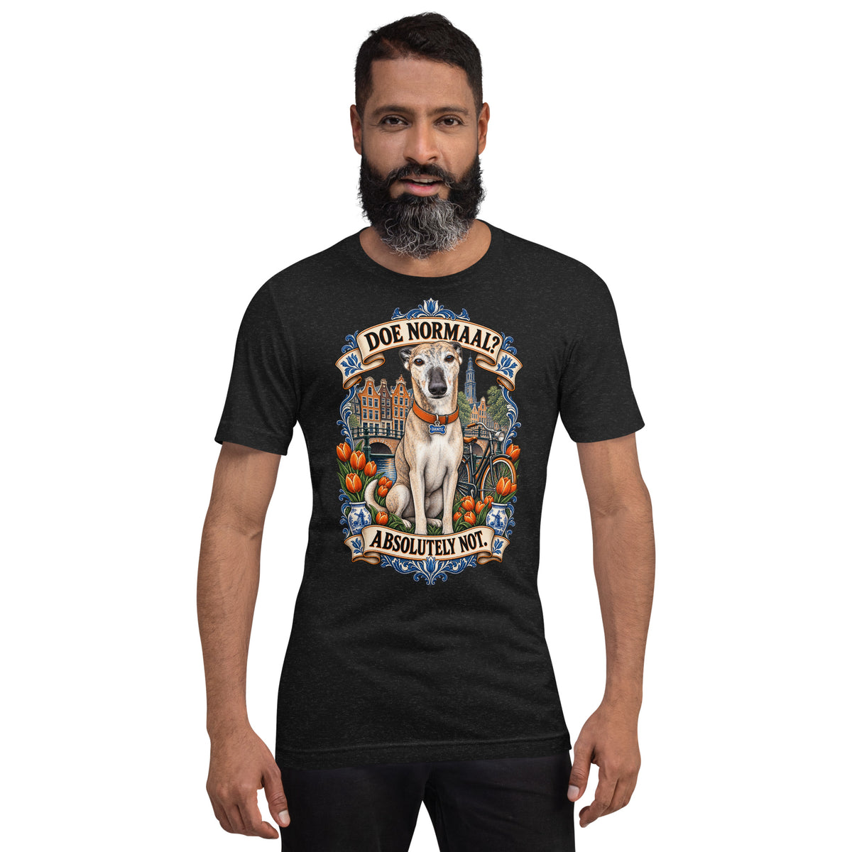 Black Heather T-shirt featuring Dante surrounded by Dutch canal houses, bicycles, orange tulips and Delft-blue details with the words Doe Normaal and Absolutely Not.