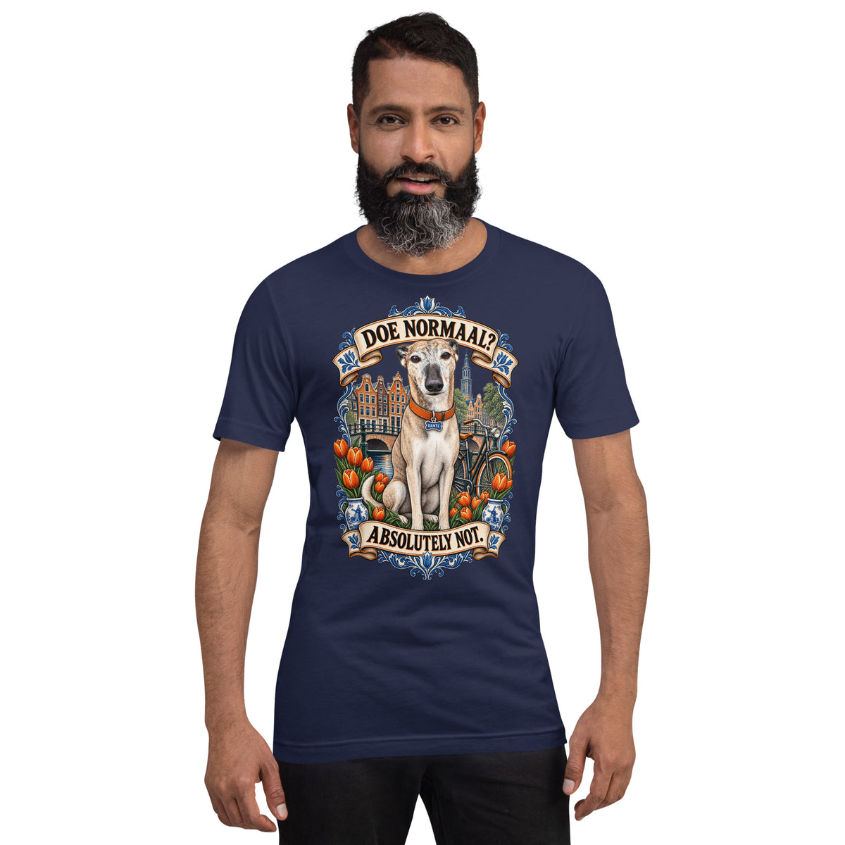 Navy T-shirt featuring Dante surrounded by Dutch canal houses, bicycles, orange tulips and Delft-blue details with the words Doe Normaal and Absolutely Not.