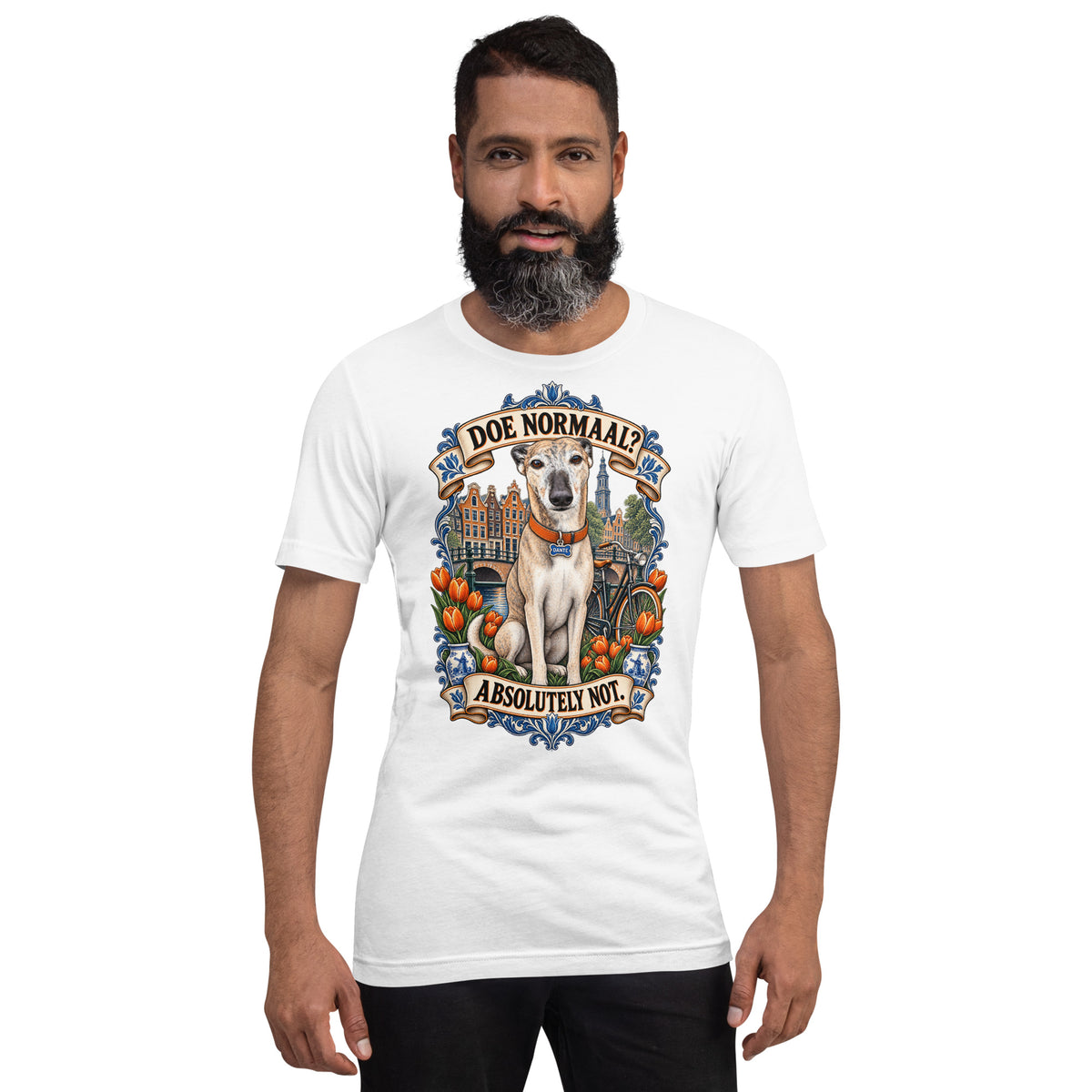 White T-shirt featuring Dante surrounded by Dutch canal houses, bicycles, orange tulips and Delft-blue details with the words Doe Normaal and Absolutely Not.